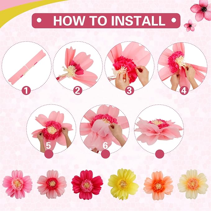 Crowye 24 Pcs Large Colorful Tissue Paper Flowers Decorations Giant Fiesta Craft Crepe Paper Flowers for Wall Decor Backdrop Mexican Wedding Birthday Carnival Party (10'' 20'',Fresh Color)