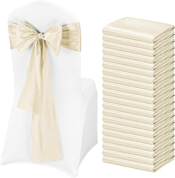 Pesonlook 60 PCS Ivory Satin Chair Sashes Bows Satin Chair Sashes Universal Chair Cover for Wedding Reception Restaurant Event Decoration Banquet,Party,Hotel Event Decorations (7 x 108 inch)