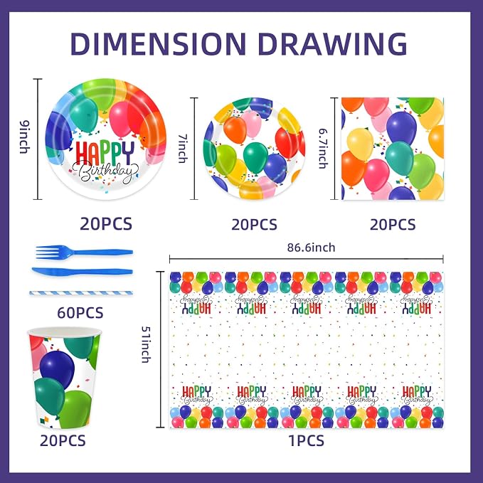 141Pcs Balloon Birthday Party Decorations - Tableware Party Supplies Plates and Napkins Forks Cups Straws Cutlery Colorful Balloons for Baby Shower Birthday Decorations Serves 20 Guests