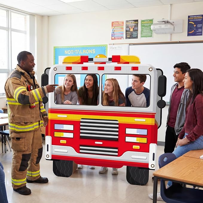 Amyhill 4.6ft Fire Truck Cardboard Cutout Stand up Life-Size Fire Safety Awareness Party Decorations Firefighter Photo Booth Standup for Firetruck Baby Shower Birthday Party Classroom