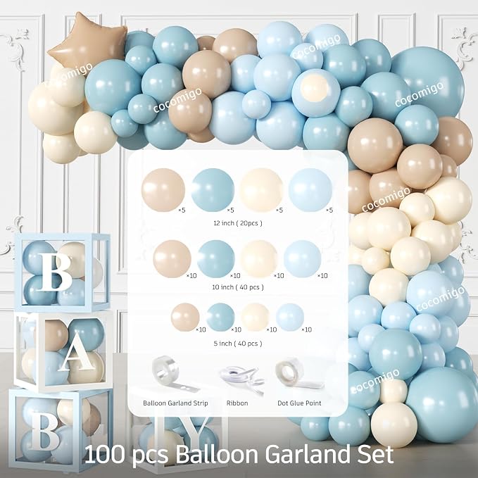 cocomigo Airplane Baby Shower Decorations for 25 Guests, 288PCS All-in-One Blue Baby Shower Decorations Boy Set with Banner, Balloon, Plates, Backdrop Cupcake Toppers & Centerpieces, Easy Setup