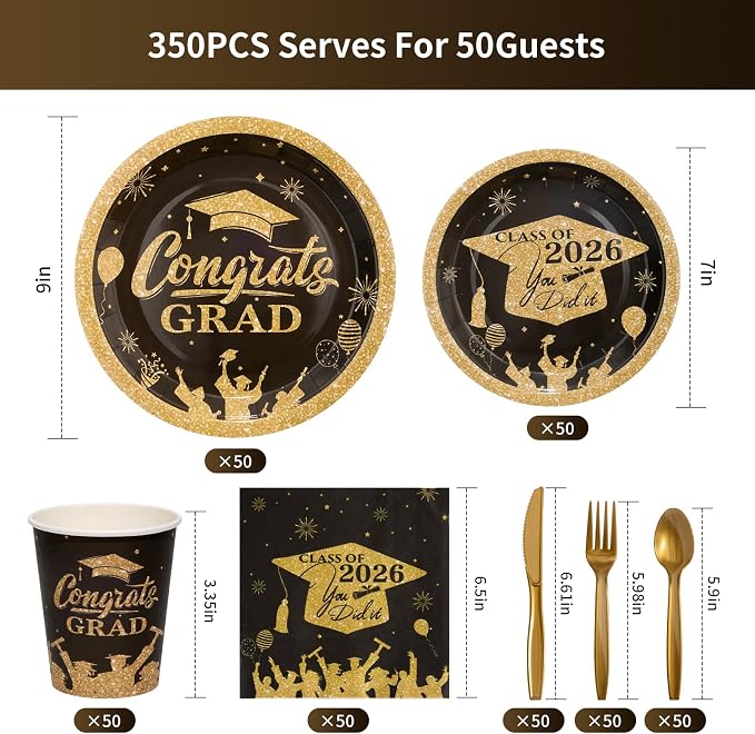Goodluck Black & Gold 2026 Congrats Grad Disposable Tableware Sets, 350 PCS Graduation Party Supplies Include 9" & 7" Disposable Graduation Paper Plates, 9oz Cups, Napkins & Cutlery for 50 Guests