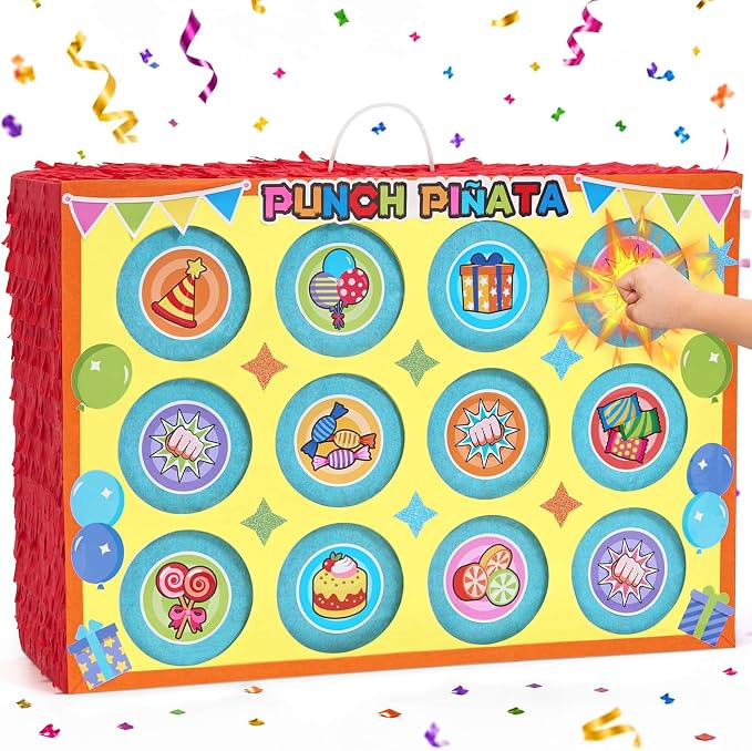 WERNNSAI Birthday Punch Piñata - Punch Box Piñata with 4 Sets of DIY Stickers & 4 Replacement Punch Papers, Hanging Surprise Game Supplies for Birthday Party, Family Gatherings, School Carnival Decor