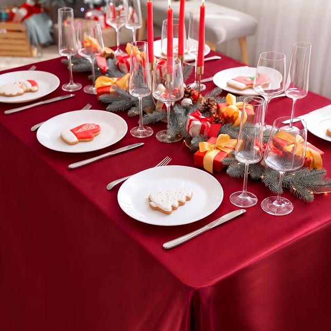 TURSTIN 4 Packs Satin Tablecloth 102 x 58 Inch Overlay Satin Table Cover Rectangle Bright Silk Tablecloth Smooth Fabric Table Decoration for Wedding Banquet Party Events, Burgundy