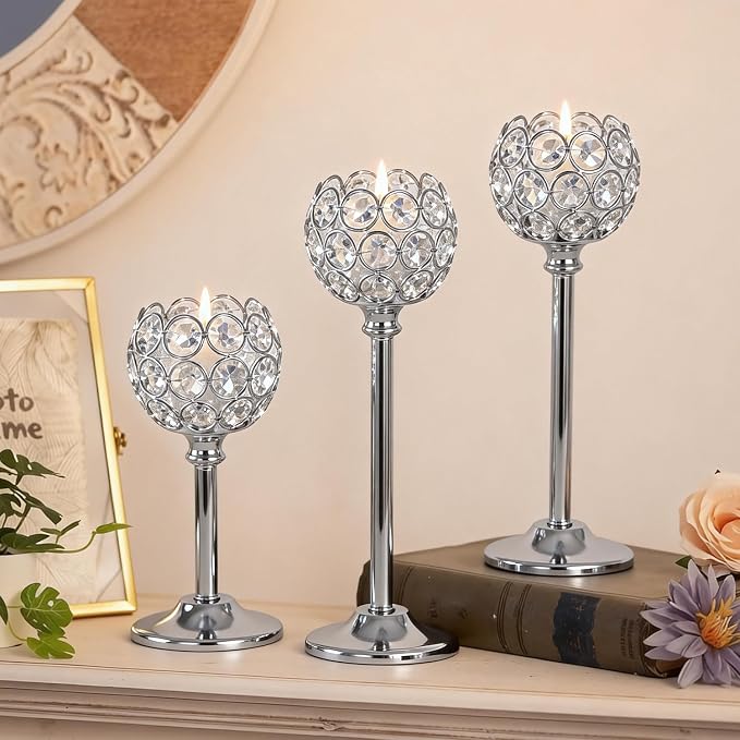 Silver Crystal Candle Holders Candlestick Holders - 2 Sets Tall Bling Bowl Candelabra Centerpieces for Dining Table, Wedding, Party & Fireplace Mantel Decor,6Pcs
