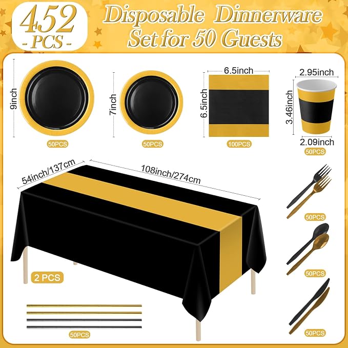 Funnymoom 452 Pcs Black and Gold Party Supplies for 50 Guest, Black Gold Paper Plates Cups Napkins Tablecloth Cutlery Straw Tableware Set for Graduation Birthday Retirement Wedding Party Decoration