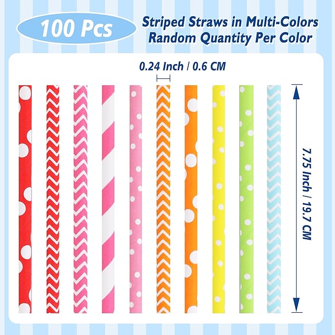 BEISHIDA 100 Pcs Biodegradable Paper Straws, Assorted Rainbow Striped Straws for Drinking, Crafts and Party Supplies