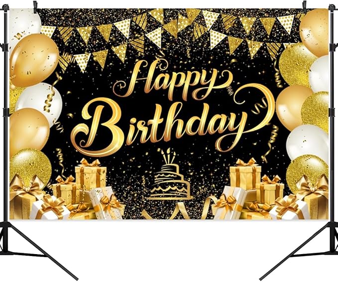 7x5ft Black Gold Birthday Backdrop, Golden Balloons Glitter Star Party Photo Background Banner
