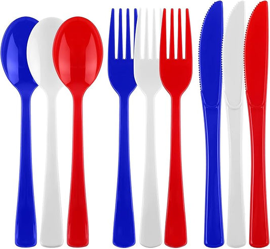 Kochorie 300 Pieces 4th of July Plastic Silverware, Heavy Duty Independence Day Cutlery Set, Disposable Plastic Utensils Includes Spoons Forks Knives for Memorial Day Veterans Day, Red Blue White