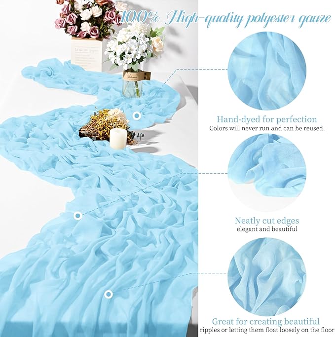 Teruntrue 24 Packs Light Blue Cheesecloth Table Runner,10ft Rustic Gauze Boho Wedding Table Runner Decoration, Wedding Table Decor Sheer Table Runner for Wedding Party Bridal Shower Table