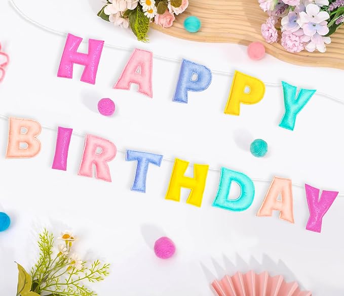 Pre-Strung Happy Birthday Banner - Felt Ball Garland, Rainbow Party Decorations, HAPPY BIRTHDAY Garland, Personalized Birthday Sign for Birthday Decor, Party Decor, Photo Prop (Pastel Happy Birthday Banner)