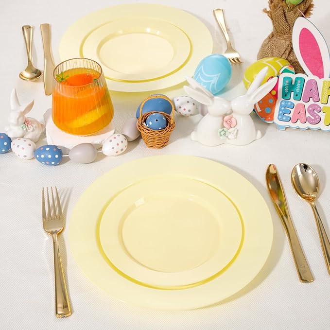 FLOWERCAT 200PCS Yellow Plastic Plates Disposable Plates for Party - Heavy Duty Plastic Plates - 100 10" Dinner Plates and 100 7" Salad Plates for Weddings, Easter Parties and Events