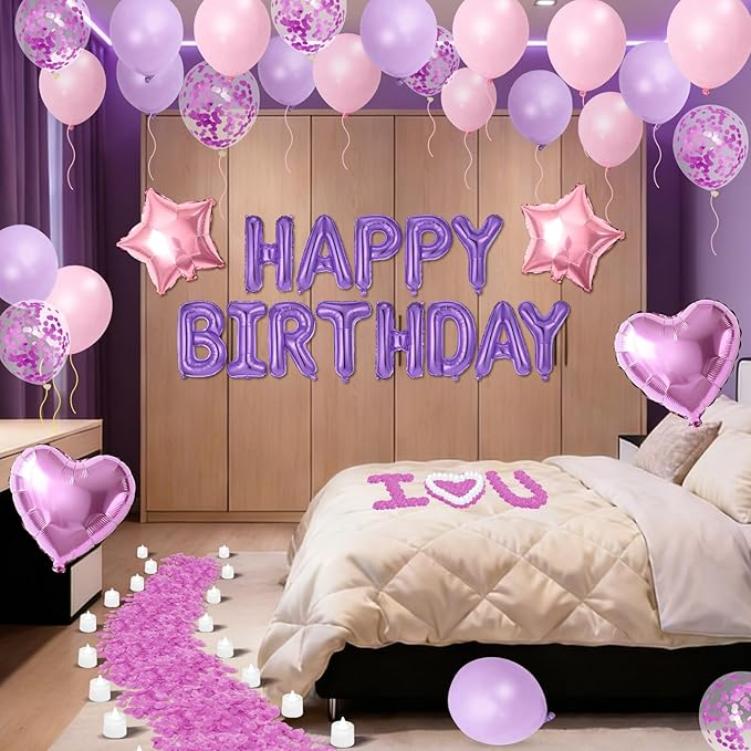 Purple Pink Happy Birthday Balloons Decorations Pink Purple Birthday Balloon Letters Banner with Star Heart Balloon 1000 Pcs Artificial Rose Petals 24 Flameless LED Candles for Birthday Party Supplies