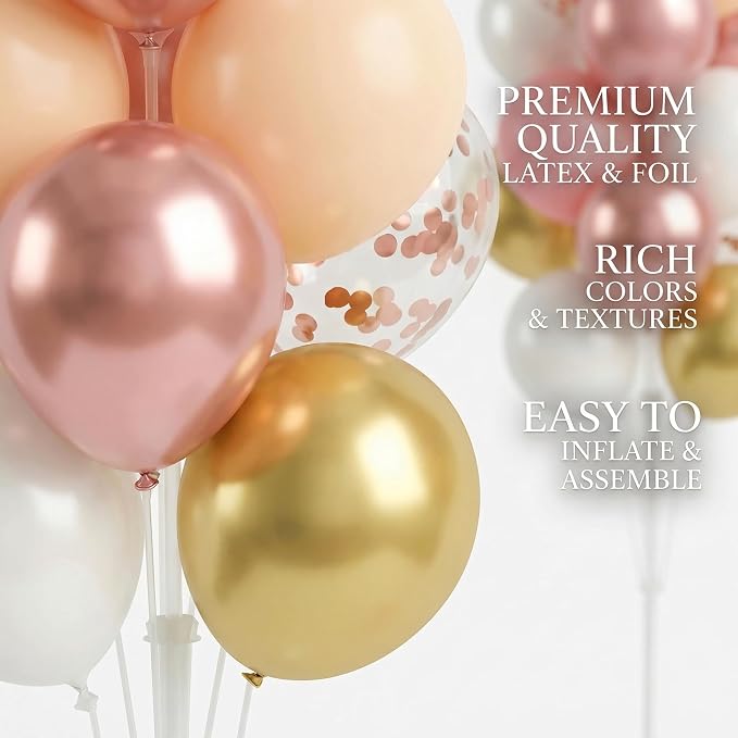 Set of 2 Balloon Column Kit with Nude&Pastel Pink&Metallic Gold White Balloons, Base and Pole - DIY Balloon Tower Stand for Party Decorations, Wedding Backdrop, Birthday, Bridal Shower