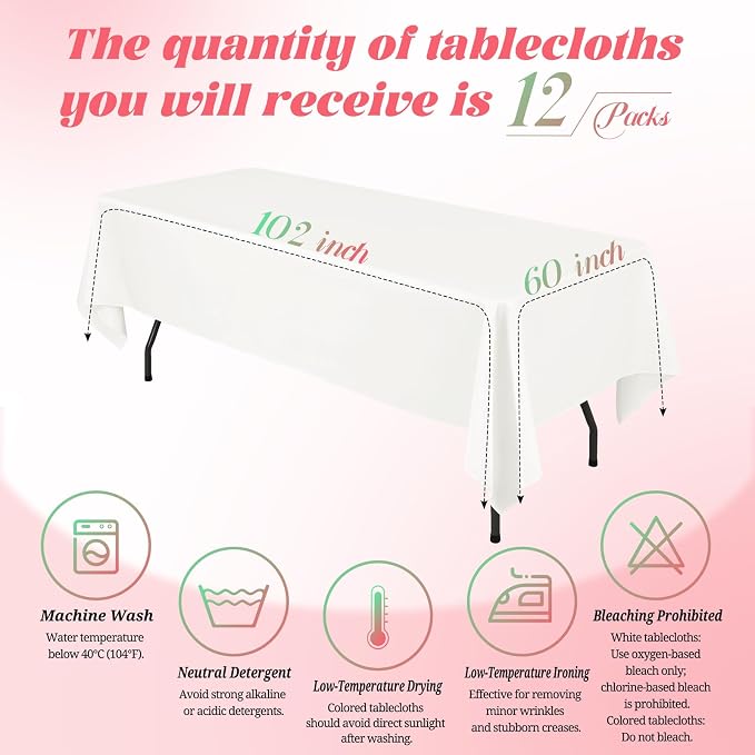 Teruntrue 12 Packs Ivory Tablecloths 60x102 inch Rectangle Table Cloth for 6 Foot Rectangle Tables, Washable Polyester Fabric for Wedding Parties Banquet Holiday Dinner Table Decorative, Ivory