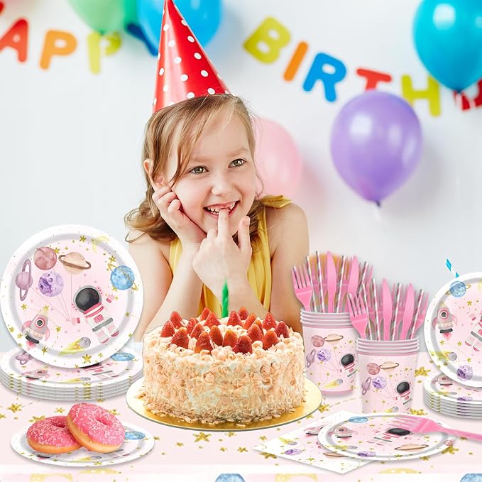 141Pcs Pink Outer Space Party Supplies for Girls Baby Shower Birthday Party Decorations Pink Moon Star Outer Space Planet Themed Birthday Plates Napkins Forks Cups Straws Tablecloch Serves 20 Guests
