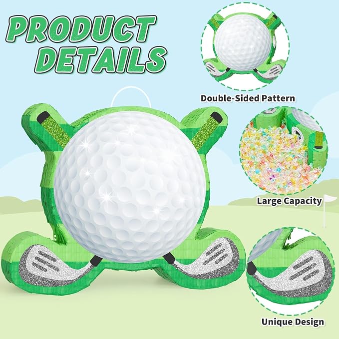 WERNNSAI Golf Piñata - Green Golf Ball & Club Shaped Piñata with Blindfold and Bat Sports Themed Birthday Party Decorations, Golf Party Supplies for Sports Celebration Favors(16.5" x 12.4" x 2.9")