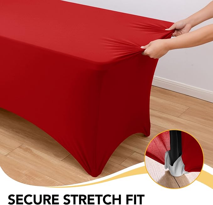 6-Pack Premium Red Spandex Tablecloths for 6ft Rectangle Tables, Stain & Wrinkle-Resistant, Washable Stretch Polyester Fitted Table Cover for Weddings, Banquets, Trade Shows Events