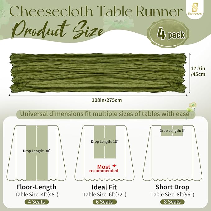 4 Pack Olive Green Cheesecloth Table Runner 17 x 108 inch Boho Gauze Table Runner Rustic Sheer Cheese Cloth Table Decorations for Wedding Party Baby Bridal Shower Birthday Holiday HOM
