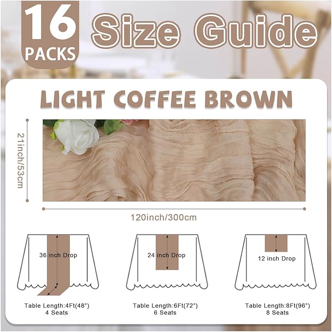 16 Pcs Nude Brown Cheese Cloth Table Runner 21x120 Inch Long Sheer Tan Table Runner Cheesecloth Table Cloth for Valentine’s Day Birthday Party Family Dinner Fit 8-10 People Tables