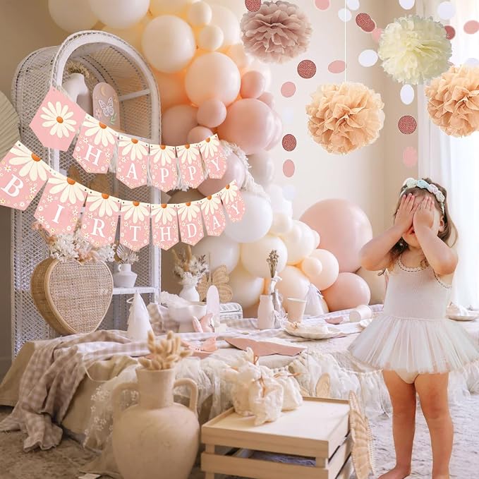 Blush Beige Birthday Decorations, Party Décor for Women, Boho Party Decorations, Daisy Flower Birthday Banner, Champagne Fringe Curtain