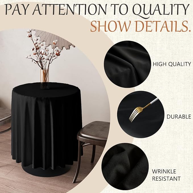 60x60 Table Cloth - 2 Pack Round White Washable Stain and Wrinkle Resistant Polyester Table Cover for Dining Tables, Various Parties and Camping (Black)
