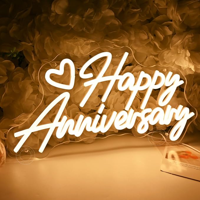 SYLHOME Happy Anniversary Led Neon Light Sign Family Business Celebrate Banner Wall Sign Decor Birthday Wedding Anniversary Valentine's Day Backdrop USB Warm White