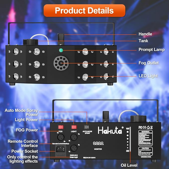 Hakuta Fog Machine Smoke Machine with 12 LED Colorful Beam Light DMX Light Control & Manual Control & Wireless Remote Perfect for Indoor Wedding, Halloween, Party and Stage Effect