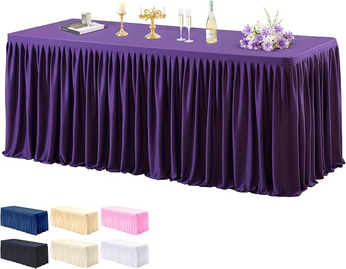 PARTISKY 1 Pack Purple Tablecloths for Rectangle Tables 4ft, Wrinkle Resistant Spandex Table Cover Fitted Stretch Table Cloth with Pleated Ruffle Skirts for Party Banquet Dining Birthday Wedding