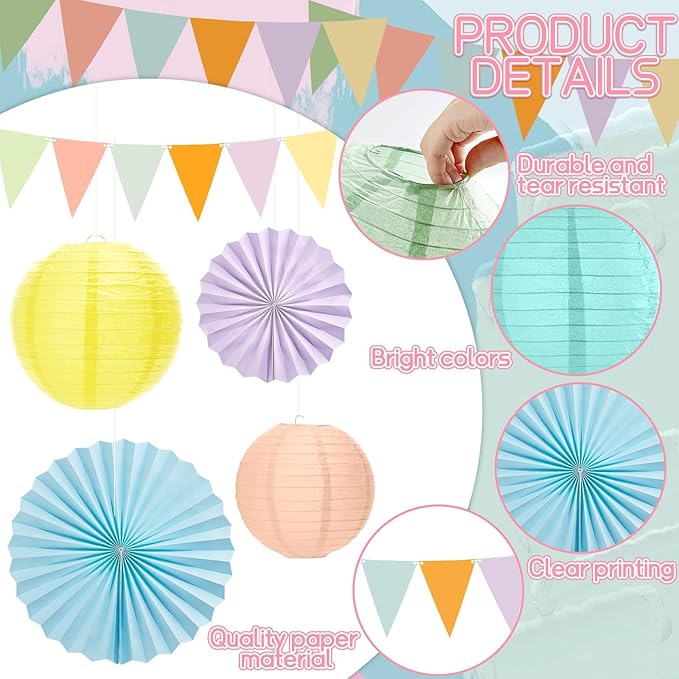 21Pcs Pastel Classroom Decor Colorful Pastel Hanging Paper Lanterns Paper Fans Triangle Flags Banners Set Round Lantern for Back to School Ceiling Supplies Home Indoor Birthday Party Ceremonial Event