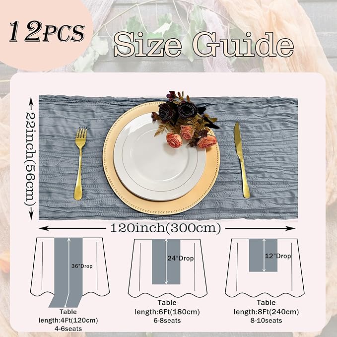12 Pack Dusty Blue Cheesecloth Table Runner 22x120 Inch-Naturally Dyed Colors Sheer Gauze Cheese Cloth Wedding Table Runner,Rustic Boho Crinkle Fabric, Reception, Bridal Shower,Farmhouse Dining Decor