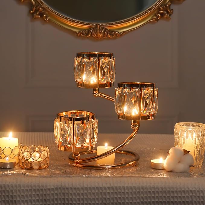 Metal 3 Arm Crystal Candle Holder - Tea Light Centerpiece Candle Holder, Votive Holder with Sparkling Crystal Bowl, Suitable for Wedding, Table Centerpiece, Home Decor (2, 3 arm-Gold)