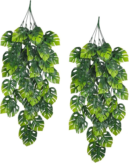 RECUTMS Artificial Hanging Plants 2 Pack, Fake Monstera Leaves Ivy Vine Faux Greenery UV Resistant Outdoor Tropical Palm Leaf Plant for Garden Home Jungle Hawaiian Luau Party Spring Summer Décor