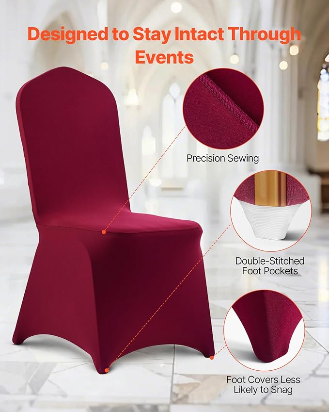 VEVOR Chair Covers, Polyester Spandex Chair Cover, Stretch Slipcovers for Wedding Party Dining Banquet Flat-Front Chair Covers (Burgundy-a, 50PCS)
