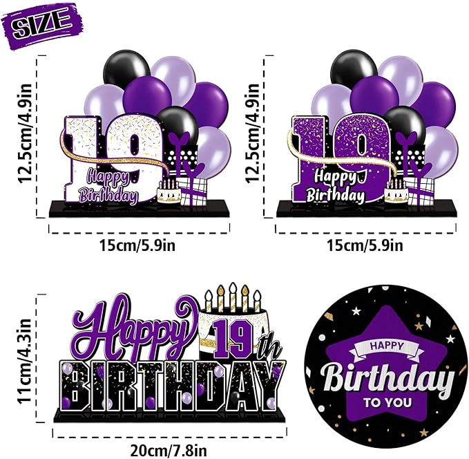 LINGTEER Happy 19th Birthday Purple Acrylic Table Topper Centerpieces Set - Cheers to Nineteen Years Old Birthday 19th Bday Party Gift Decorations.
