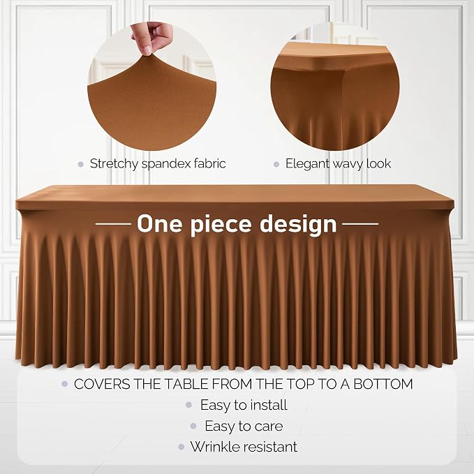 2 Packs Brwon Spandex Tableclothes for 6 Foot Rectangle Tables, Wrinkle Free 6ft Fitted Table Cover Stretch Table Cloth Desk Skirt for Weddings Baby Shower Birthday Party Banquet Decorations