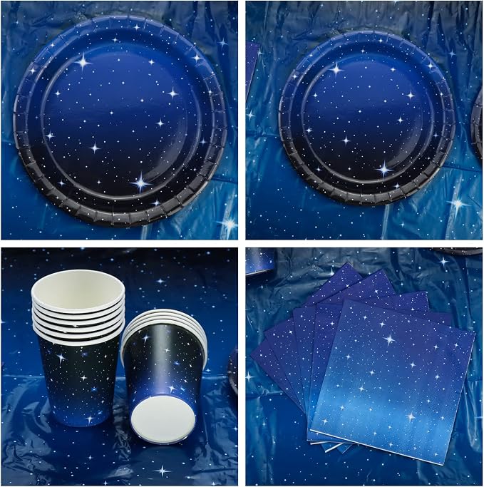 221 Pack Space Galaxy Party Supplies Ramadan Decoration Starry Night Tableware Set Space Birthday Banner Star Garlands Outer Tablecloth Galaxy Planet Themed Birthday Party Decorations Serves 20