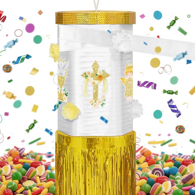 WERNNSAI Baptism Spinning Piñata - Baptism Spinning Party Supplies Piñata Bundle with DIY Stickers for Baby Sacrament Theme Birthday Party Game Decorations (13" x 7.8" x 7.8")