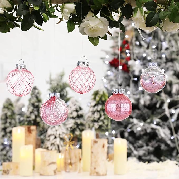 CristBest 30ct Christmas Ball Ornaments-60mm/2.36" Shatterproof Clear Plastic Xmas Balls Baubles Set with Stuffed Delicate Sparkling, Hanging Christmas Tree Decorations(Pink)