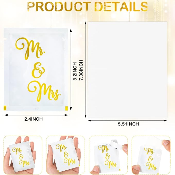 200 Pack Wedding Wipes for Reception Mr and Mrs Guest Wrapped Wipes Wedding Flushable Hand Wet Gold Foil Decorations for Travel Anniversary Bridal Shower Party Supplies Favor