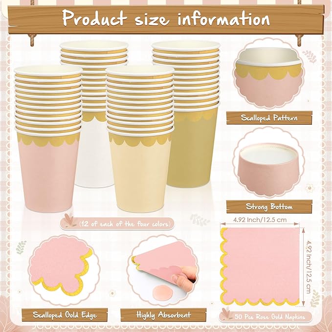 Mimorou 342 Pcs Champagne-Gold Beige Party Supplies Rose Gold Tableware Paper Disposable Plates Napkins Cups Plastic Tablecloth Pink Boho Triangle Banner for Wedding Bachelorette Birthday