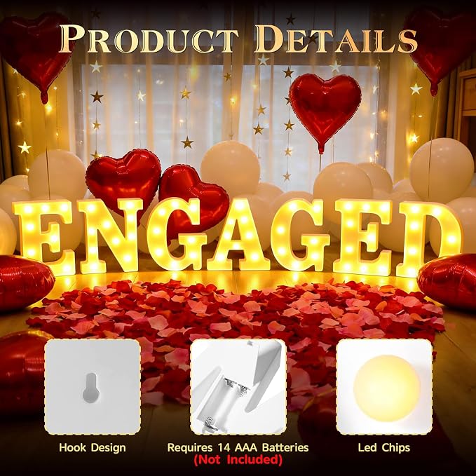 Engaged Decorations, Engaged Light Up Letters Sign with Rose Petals, Aluminum Balloons, Round Pearlescent Balloon, Double Sided Tape for Valentine's Day Wedding Romantic Party