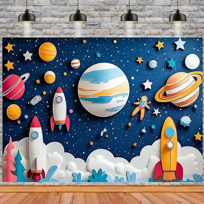 Outer Space Birthday Backdrop Cartoon Rocket and Planets Photography Banner Universe Galaxy Stars Boy Girl Newborn Baby Shower Background First Birthday Backdrop for Boys (A, 9x6feet)