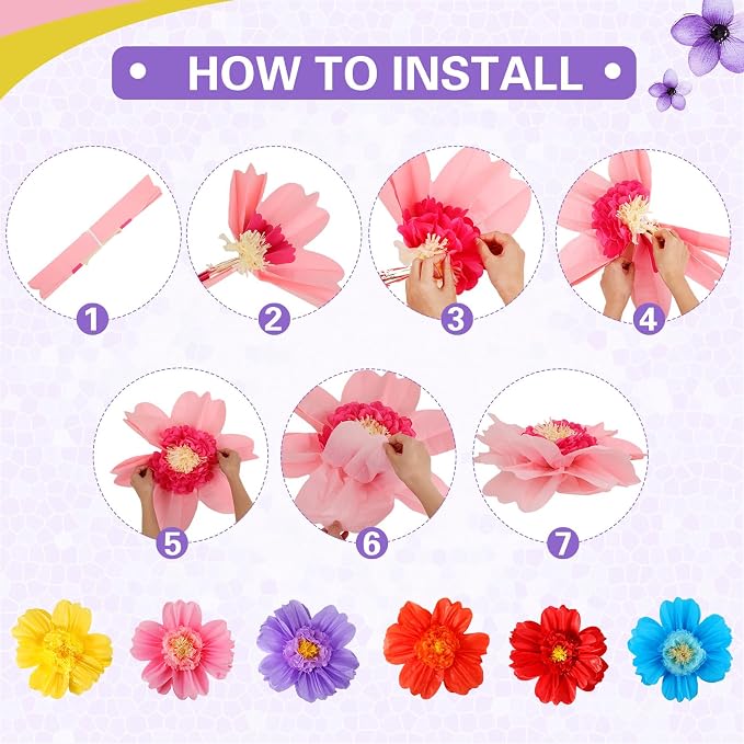 Crowye 12 Pcs Large Colorful Tissue Paper Flowers Decorations Giant Fiesta Craft Crepe Paper Flowers for Wall Decor Backdrop Mexican Wedding Birthday Carnival Party (10'' 20'',Cute Color)