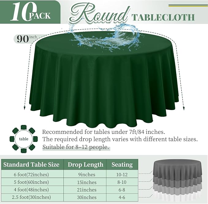 10 Pack Round Tablecloth 90 Inch Hunter Green, Waterproof Polyester Fabric Table Cloth for Round Tables, Stain Wrinkle Resistant Tablecloths Washable Table Cover for Wedding Dining Party Banquet