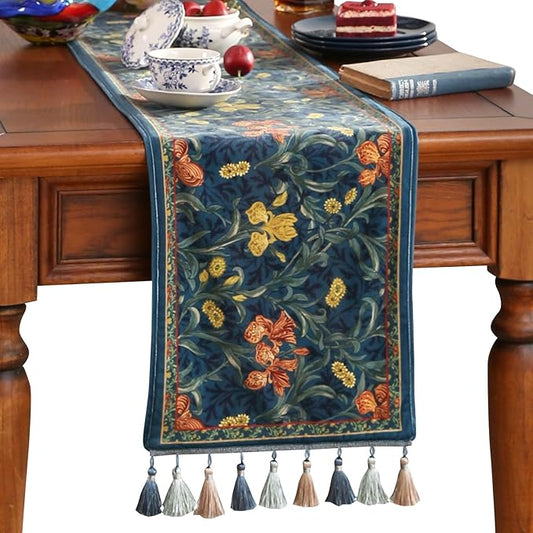 patdrea Designer Casual Wild Floral Velvet Table Runner 71 Inch Long, Dark Blue Occult Bouquets Pattern Table Mat, Decoration for Kitchen Dining Coffee Table Cabinet Banquet Thanksgiving,12"*71"