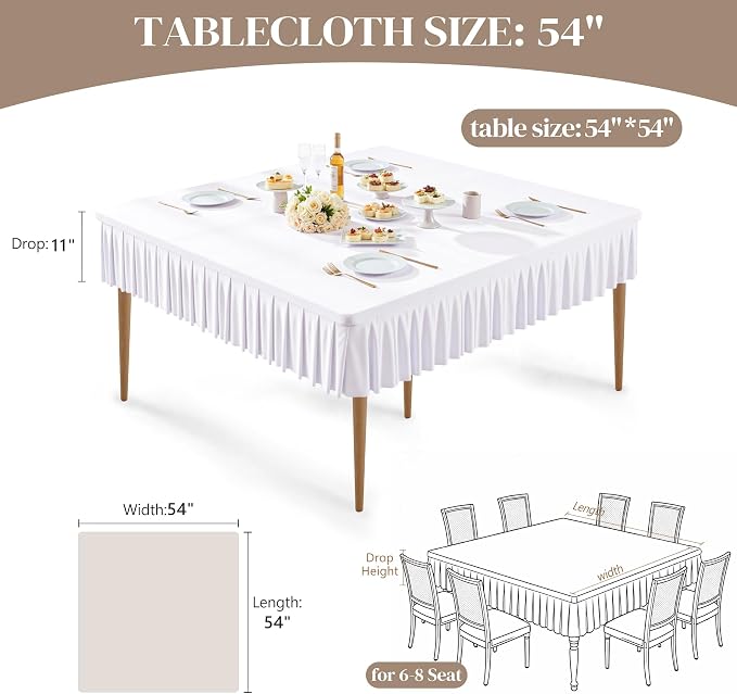 Wish Care White Spandex Tablecloths for 54x54 Inch Square Tables, Stretch Fitted Table Clothes with Pleated Ruffle Skirt for 54” Table, Wrinkle Free and Elastic, for Party Kitchen Home Dining