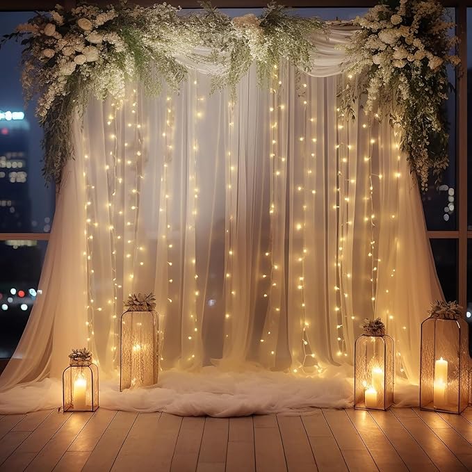 20ft x 10ft White Sheer Tulle Backdrop Curtain with Lights String- Wedding Backdrop Decorations for Reception Ceremony Home Party Photoshoot Background Fabric Curtains Backdrop