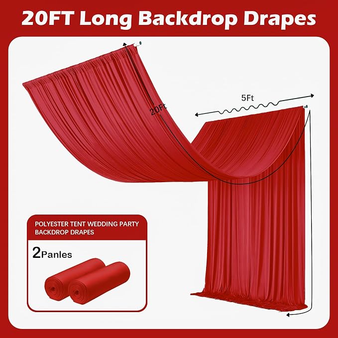 Outpain 10ftx20ft Red Backdrop Ceiling Drapes,2Panels 20ft Height Wrinkle Free Tent Draping Curtains, Fabric Drapery Ceiling Drapes for Wedding Ceremony Birthday Theme Parties with Rod Pocket