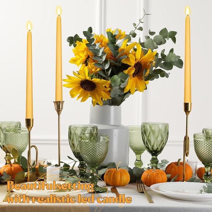 Macarrie 24 Packs Flameless Taper Candles Battery Operated Fake 11 Inch Long Candlelight LED Flameless Candlesticks Flickering Tapered for Summer Fall Wedding(Yellow)
